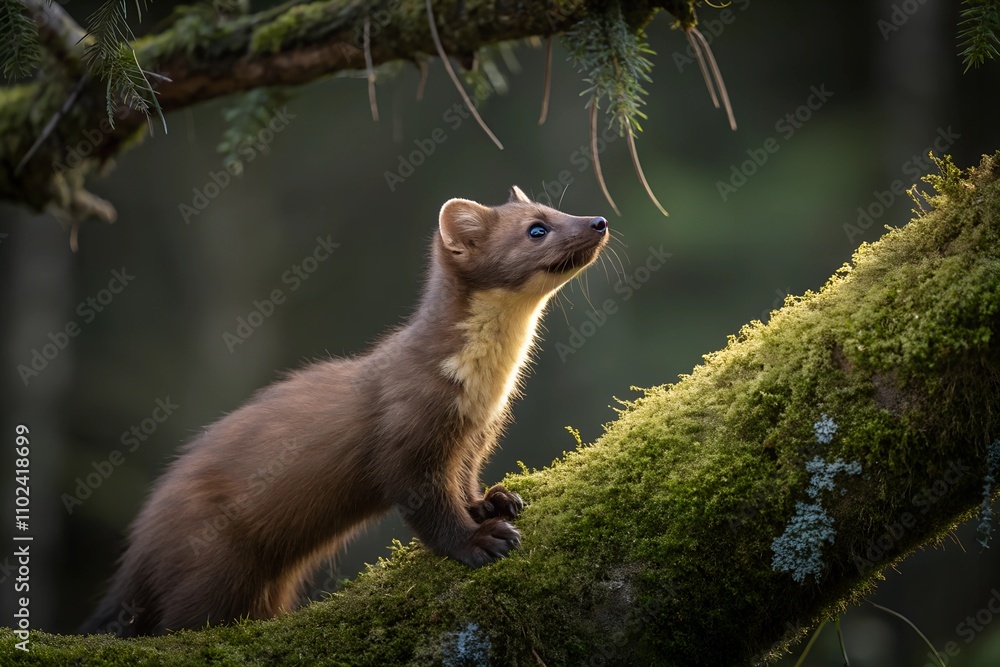 Fototapeta premium The image captures a solitary pine marten in a tranquil woodland, framed by tree barks and moss-covered ground, with its rich brown fur transitioning to golden hues around its bib and its sharp eyes c