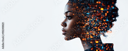 Profile of a person blended with vibrant digital elements, symbolizing the integration of human and technology in a creative futuristic concept.