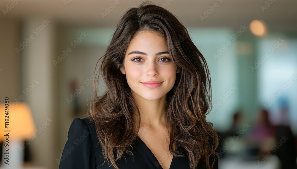 Fototapeta premium A young woman with long, wavy hair is smiling confidently indoors