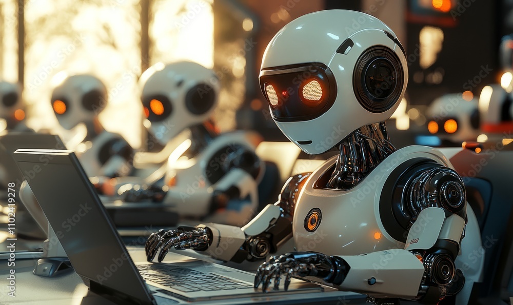 Fototapeta premium Artificial Intelligence Robots Working on Computers in a Futuristic Office Setting
