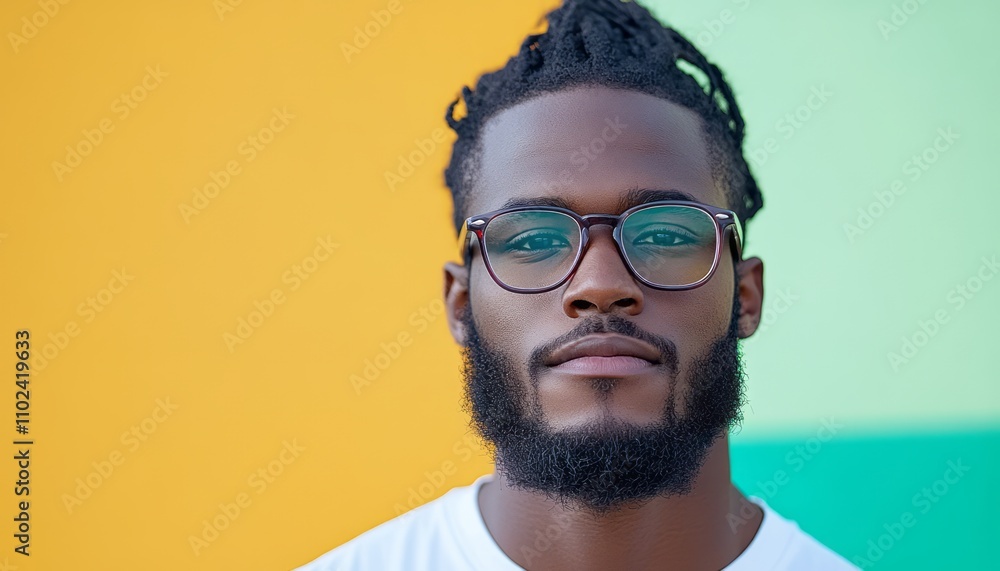 A young man with glasses and dreadlocks stands proudly in front of a vibrant wall A young man with glasses and dreadlocks stands proudly in front of a vibrant wall