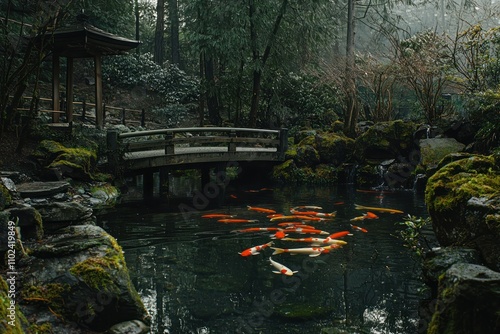 Tranquil fish pond with koi japanese garden market serene nature travel experience lush green environment aesthetic viewpoint
