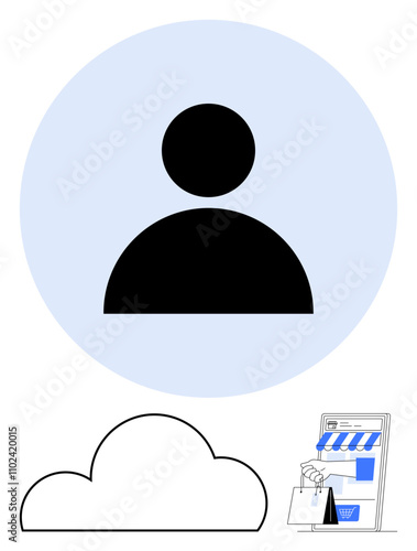 Black user profile silhouette in blue circle, cloud icon, and an online store graphic with hand holding shopping bags. Ideal for digital identity, cloud storage, online shopping, user interface