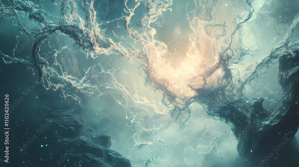 Flowing organic fractal energy softly glowing and expanding outward in a dreamlike liminal space. Liminal. Illustration Flowing organic fractal energy softly glowing and expanding outward in a dreamlike liminal space. Liminal. Illustration