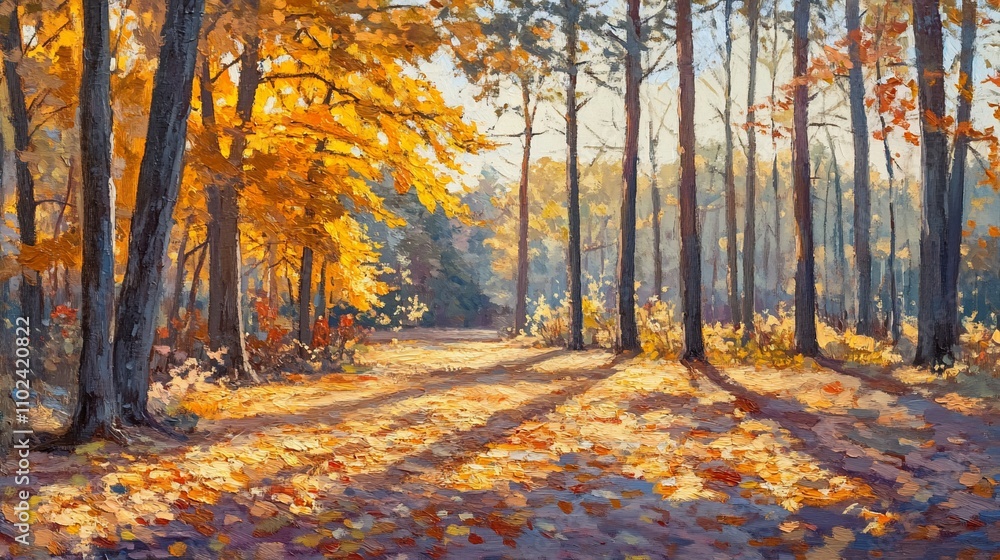 Fototapeta premium Autumn forest path with golden foliage and long shadows.