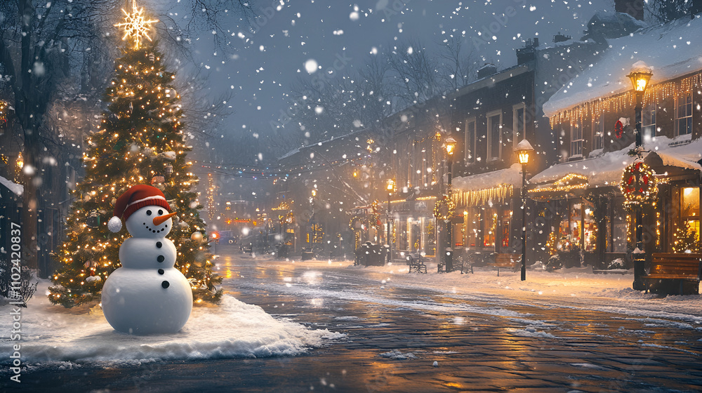 Fototapeta premium New Year's composition, winter city. The town will be decorated with garlands, lanterns are located along the paths, snowmen stand near the houses, there is a festive spruce with gifts on the square