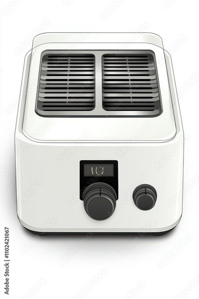 Modern white toaster with a sleek design and adjustable settings for perfect toasting. Modern white toaster with a sleek design and adjustable settings for perfect toasting.