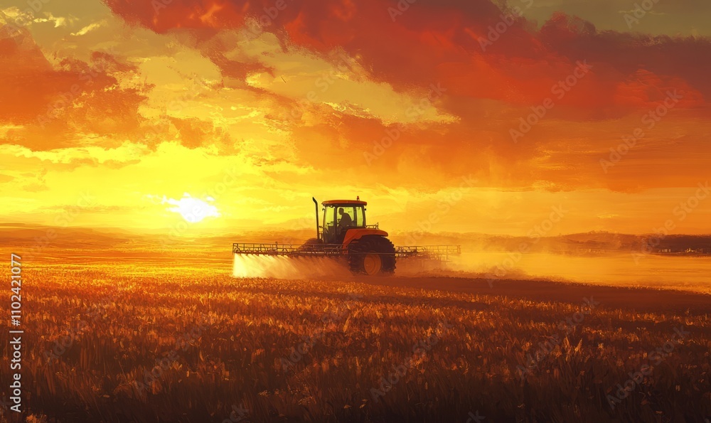Fototapeta premium Modern tractor actively spraying crops on a vast farm with a dramatic sunset in the background