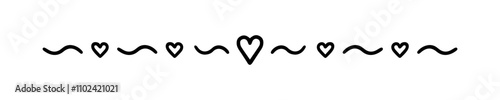 Text dividers with hearts doodle. Wedding decorative elements. Separate ornament, borders, lines. Hand drawn vector illustration isolated on a transparent background