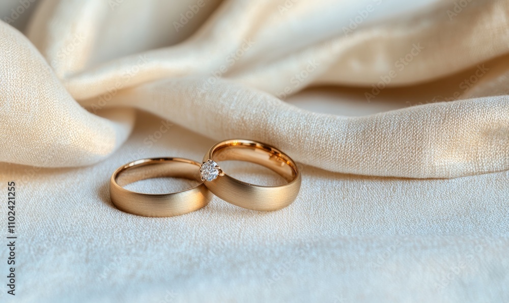 Pair of golden wedding rings on white textile background with copy space. Engagement ring with diamond on fabric backdrop. Symbol of love and marriage Pair of golden wedding rings on white textile background with copy space. Engagement ring with diamond on fabric backdrop. Symbol of love and marriage