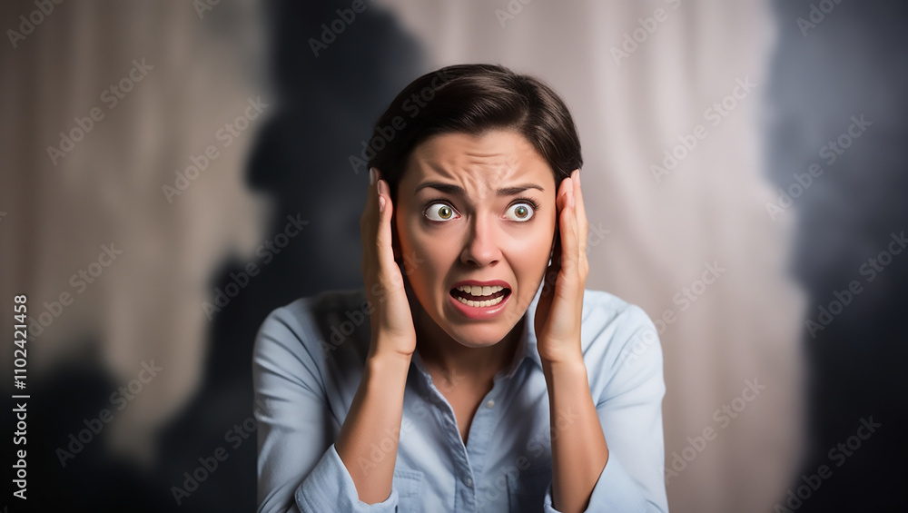 Fototapeta premium Capture a poignant moment of fear, focusing on a person’s wide, fearful eyes as they stare into the distance, seemingly reacting to an unseen event. Their hands are slightly raised to their ears, sugg