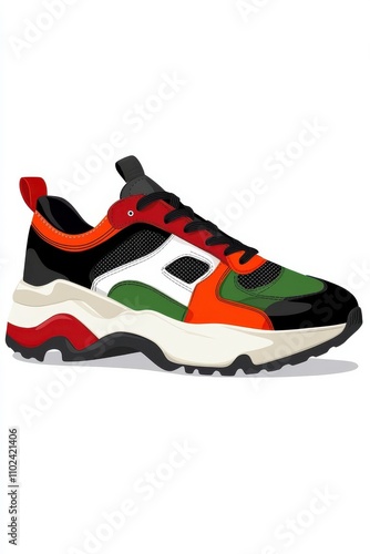 A vibrant multicolored sneaker design featuring bold black, orange, green, and white accents.