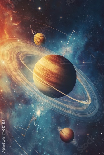A beautiful cosmic scene featuring Saturn with its rings, accompanied by distant planets amidst a vibrant starry backdrop.