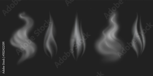 Tea smoke, coffee cup, food steam or vapor clouds, realistic white cigarette or hookah steam trail, hot dish Vector illustration