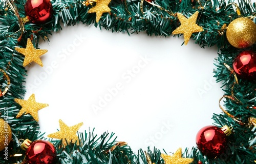 It is a beautiful Christmas wreath with shiny stars and colorful orbs on a transparent background (RGBA 3D Rendering PNG). photo