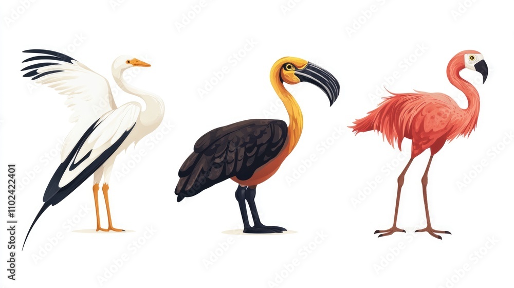 Fototapeta premium Diverse Collection of Isolated Asian Animals on a White Background: Unique Birds and Wildlife Assortment