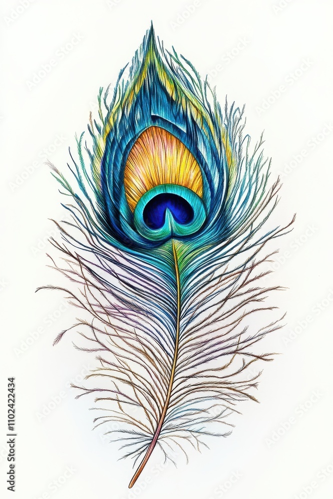 Obraz premium A vibrant peacock feather displaying rich blues, yellows, and greens, showcasing intricate textures and patterns.
