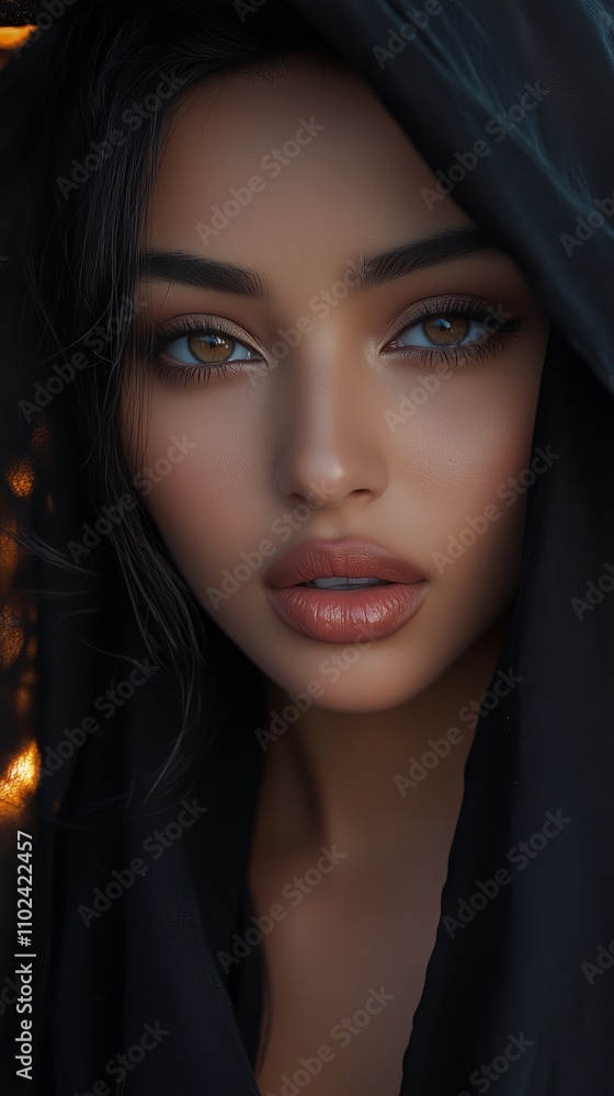 Beautiful young woman with soft glowing skin and expressive eyes, wearing a black scarf that partially covers her hair, with warm light reflecting in her eyes and a fiery background Beautiful young woman with soft glowing skin and expressive eyes, wearing a black scarf that partially covers her hair, with warm light reflecting in her eyes and a fiery background