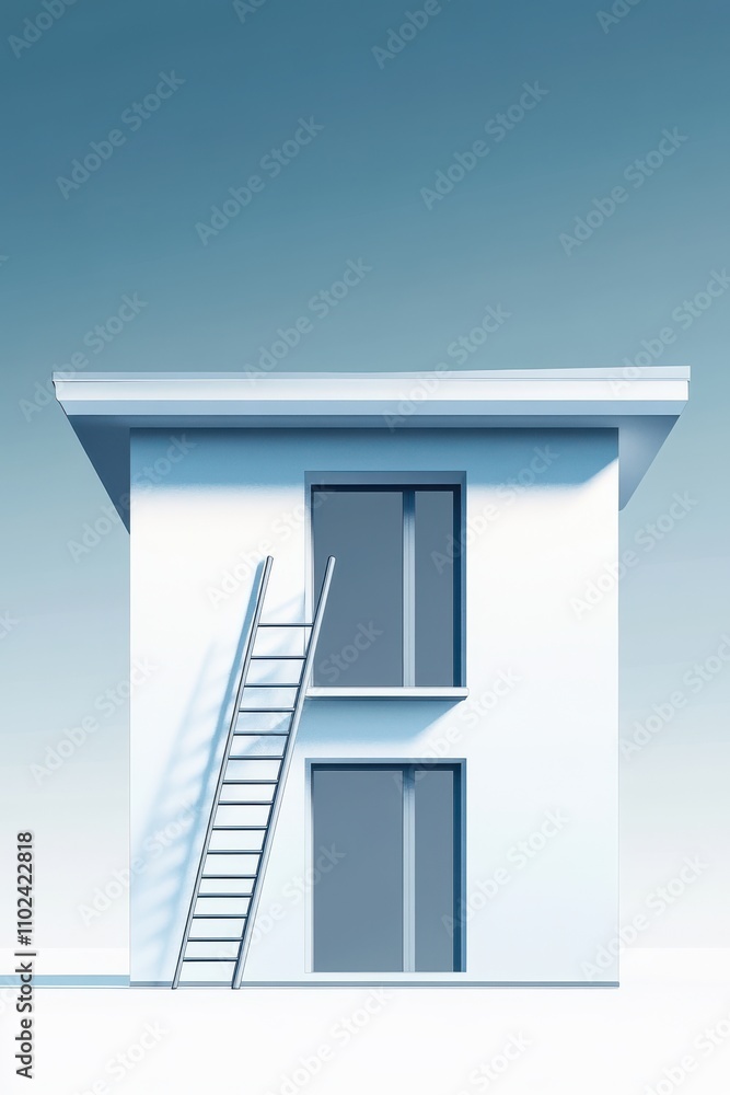 A minimalist white house with a sleek ladder against its exterior, reflecting tranquility and modern design. A minimalist white house with a sleek ladder against its exterior, reflecting tranquility and modern design.