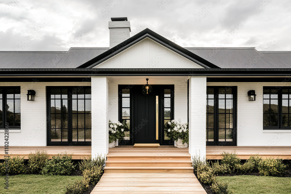 A classic Australian sophisticated black and white farmhouse front door with large windows. The entrance is flanked by two oversized steps leading to an elegant wooden porch framed in bright natural w A classic Australian sophisticated black and white farmhouse front door with large windows. The entrance is flanked by two oversized steps leading to an elegant wooden porch framed in bright natural w