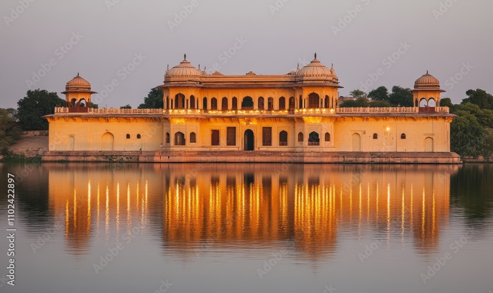 The majestic Ta Mahal at sunset with glowing reflections in the water The majestic Ta Mahal at sunset with glowing reflections in the water