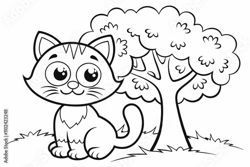 cute CAT and dog, some grass and a tree, coloring book