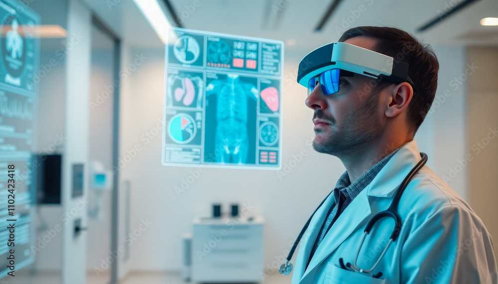 A doctor wearing augmented reality glasses, analyzing a virtual holographic patient display with medical data. A doctor wearing augmented reality glasses, analyzing a virtual holographic patient display with medical data.