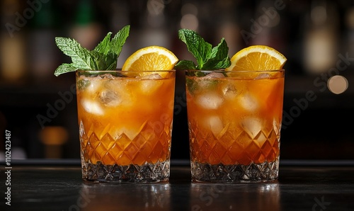 Two glasses of orange cocktails with ice and mint, garnished with lemon slices