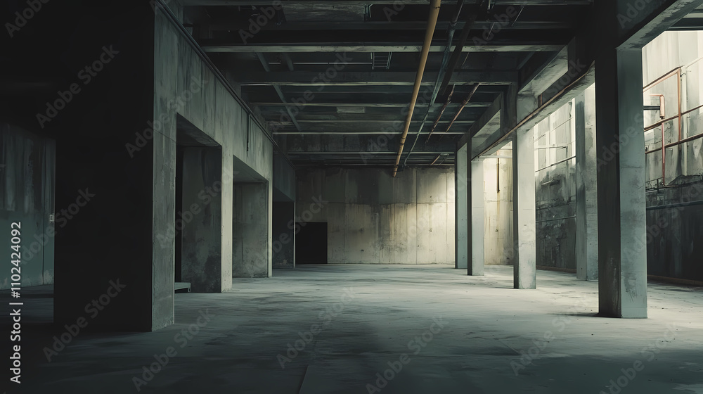Abstract empty, modern concrete building rooms with corridor and rough floor - liminal industrial interior background template. Liminal. Illustration Abstract empty, modern concrete building rooms with corridor and rough floor - liminal industrial interior background template. Liminal. Illustration