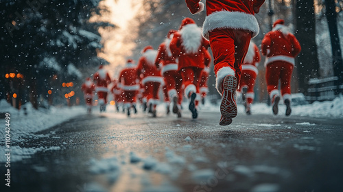 Group of Santa Clauses running joyfully through snowy winter street, shopping concept