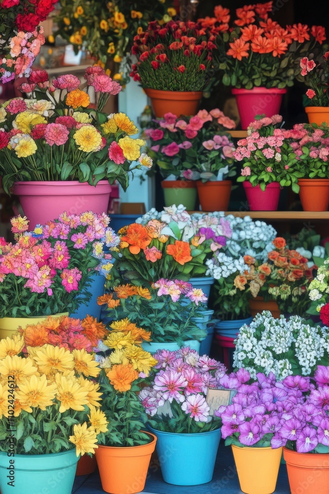 A vibrant display of colorful flowers in pots, showcasing a joyful assortment of blooms in various hues. A vibrant display of colorful flowers in pots, showcasing a joyful assortment of blooms in various hues.