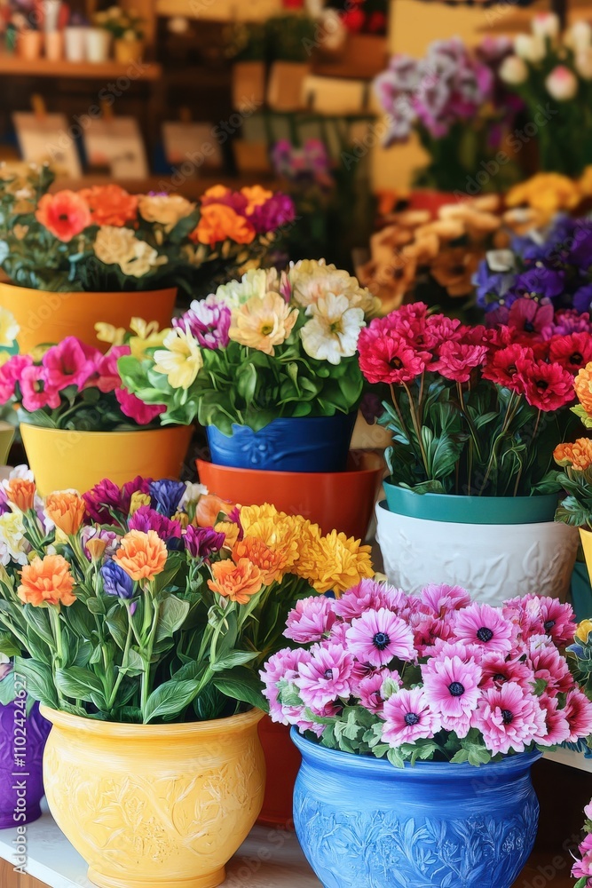 A vibrant display of colorful artificial flowers in decorative pots, creating a cheerful atmosphere. A vibrant display of colorful artificial flowers in decorative pots, creating a cheerful atmosphere.