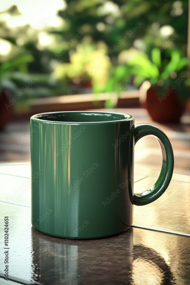 Obraz premium A sleek green ceramic mug sits on a wooden table, reflecting soft morning light amidst a lush garden backdrop.