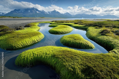 Scenic View of Low Tide at Isanotski Strait, False Pass, Alaska â€“ Outdoor Beach Landscape with Moss and Horizontal Coastline photo