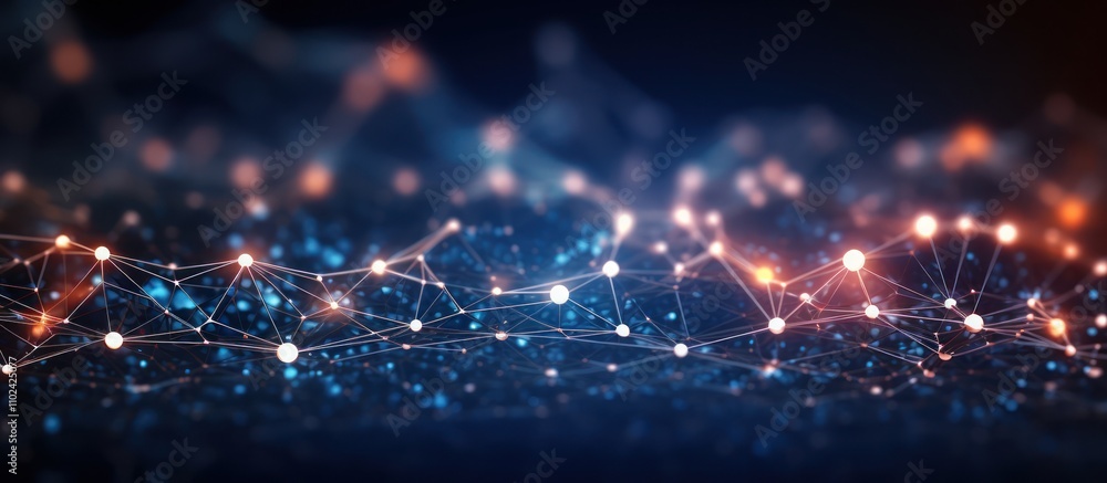 Obraz premium Abstract glowing network connection background with blue and orange lights and depth of field.