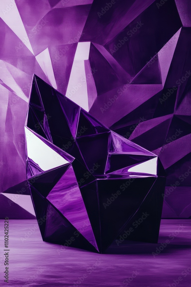 A striking geometric chair in a vibrant purple hue, set against a matching abstract background.