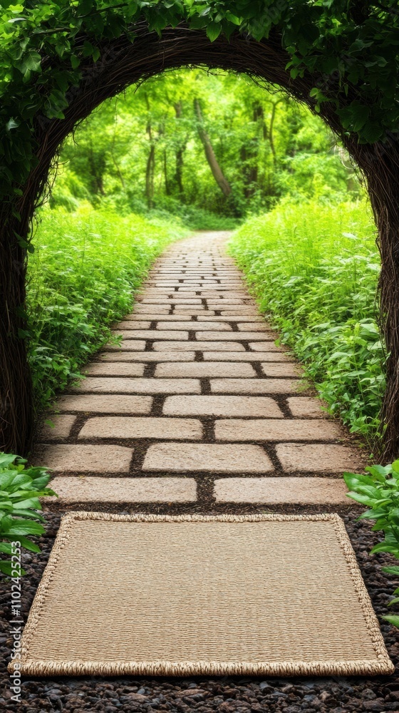 Stone path leading through lush green archway into a vibrant forest, AI Stone path leading through lush green archway into a vibrant forest, AI