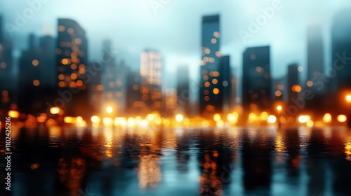 A striking view of a blurry city skyline enveloped in fog, where city lights dance on the water’s surface, creating a magical urban reflection scene.