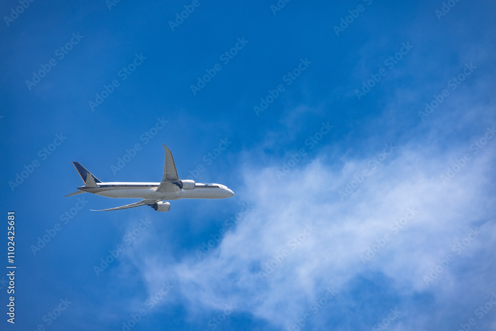 A serene image of an airplane cruising through a vivid blue sky, accompanied by soft, wispy clouds. This photo captures the essence of modern air travel, evoking feelings of freedom, exploration. A serene image of an airplane cruising through a vivid blue sky, accompanied by soft, wispy clouds. This photo captures the essence of modern air travel, evoking feelings of freedom, exploration.