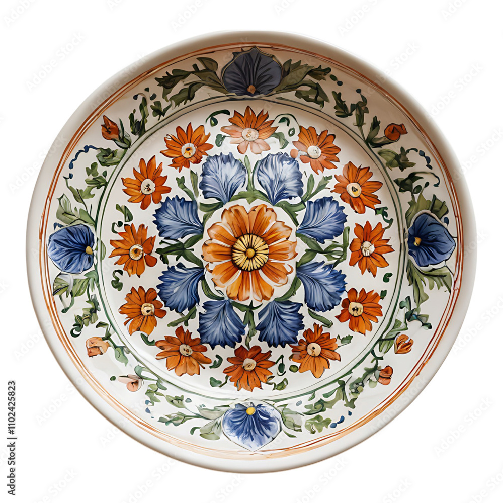 Fototapeta premium Decorative floral plate with intricate hand-painted patterns.