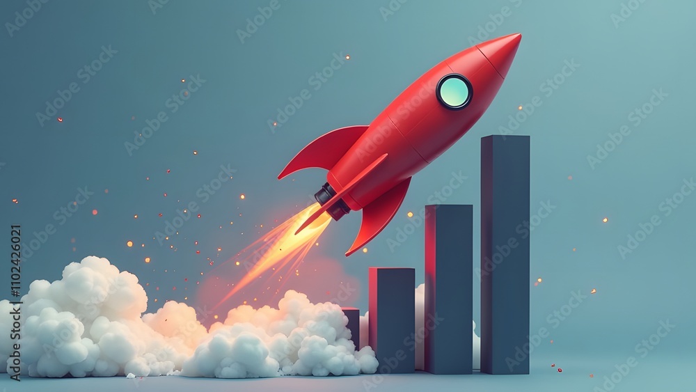 3D rocket taking off on the background of a growing graph symbolizing business growth, success, progress 3D rocket taking off on the background of a growing graph symbolizing business growth, success, progress