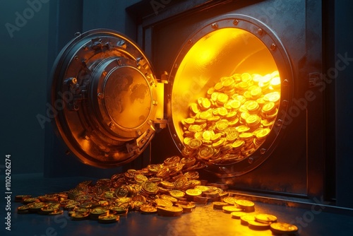 An expansive bank vault, wide open, containing stacks of gold coins and bars. photo