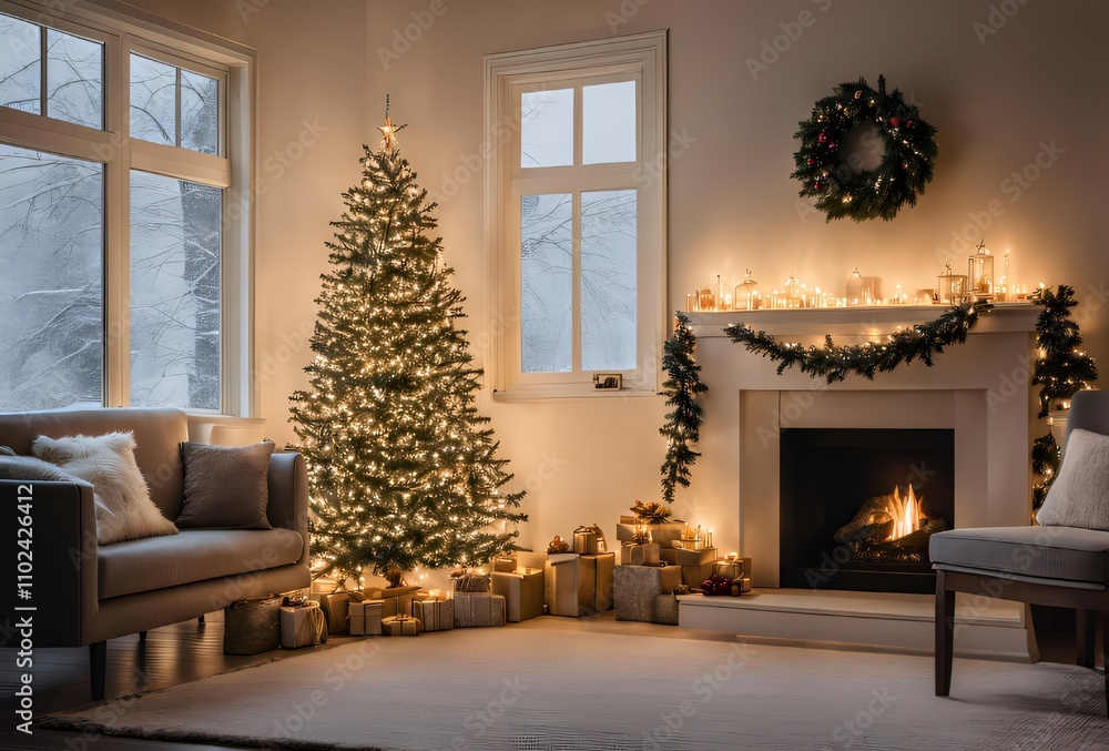 Serene Christmas Scene: A Beautifully Decorated Tree with Twinkling Lights and Gifts Below. Serene Christmas Scene: A Beautifully Decorated Tree with Twinkling Lights and Gifts Below.