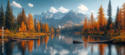 Fototapeta Naklejka Na Ścianę i Meble -  Majestic mountain range reflected in calm lake water during autumn.