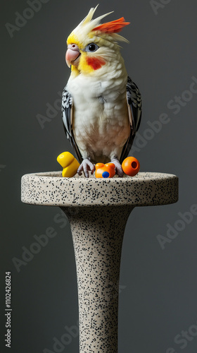 Cockatiel perched on a textured stand with colorful toys