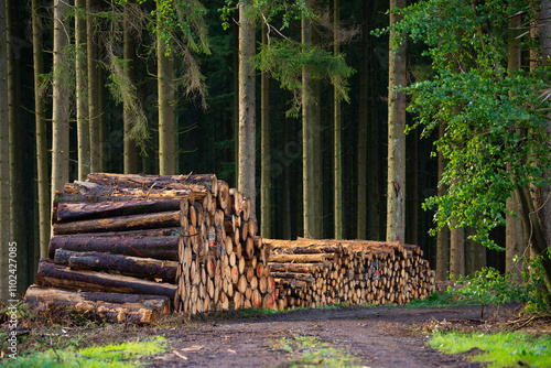 Chopped tree logs pilled up next to a forest, lumber wood industry, environmental, renewable energy, timber and deforestation 