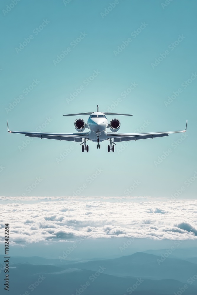 Fototapeta premium A sleek white jet aircraft flying above fluffy clouds, showcasing modern aviation technology against a bright blue sky.