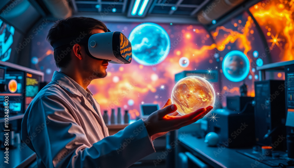 A young man Astronomer in a VR headset immersed in a virtual space simulation featuring stars, galaxies, and planetary systems. A young man Astronomer in a VR headset immersed in a virtual space simulation featuring stars, galaxies, and planetary systems.