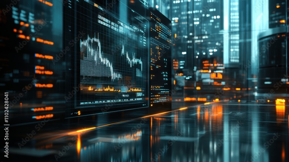 Fototapeta premium Futuristic Digital Cityscape with Stock Market Data Displayed on Screens and Reflections on Glass Surfaces, Evoking Innovation and Technology Trends in Business