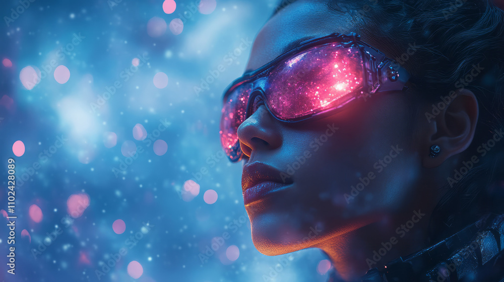 A sci-fi warrior woman with a rugged leather eye patch studded with gemstones, standing confidently under a glowing digital sky, A sci-fi warrior woman with a rugged leather eye patch studded with gemstones, standing confidently under a glowing digital sky,